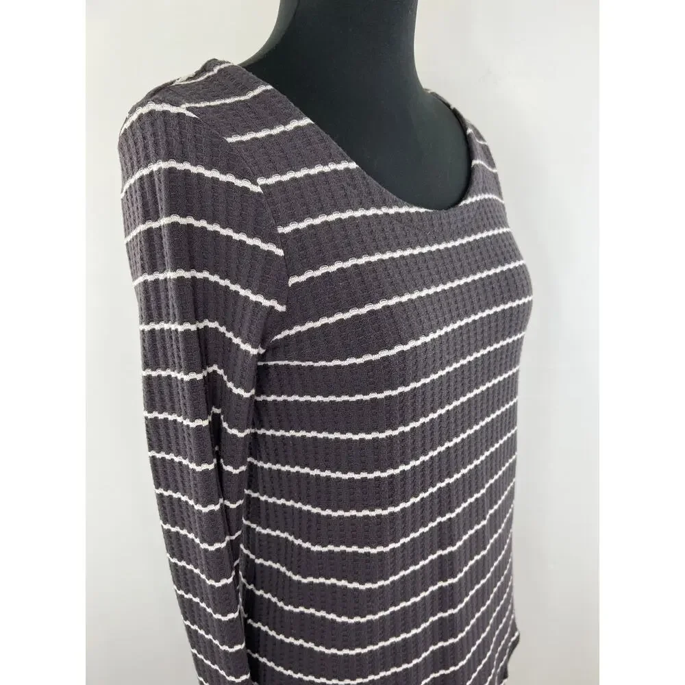 CHASER Gray White Striped Long Sleeve Waffle Knit Women's Top Size S Small